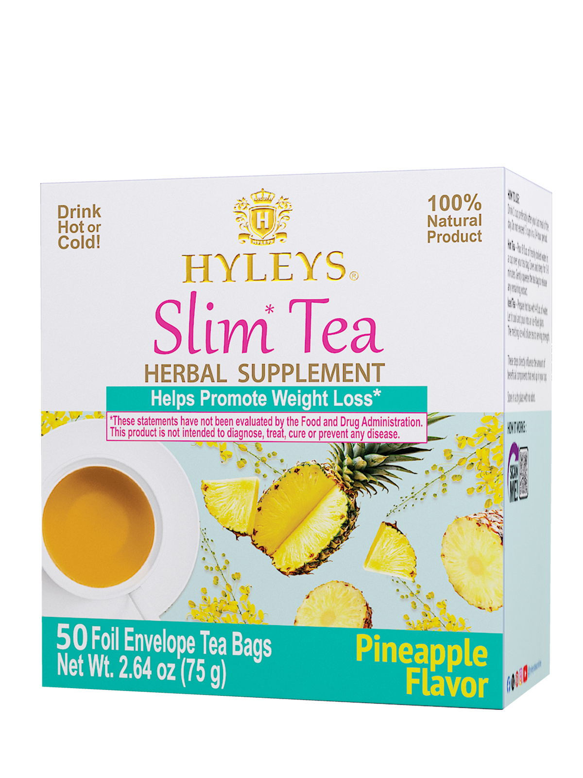 SLIM TEA PINEAPPLE FLAVOR - 50 FOIL ENVELOPE TEA BAGS